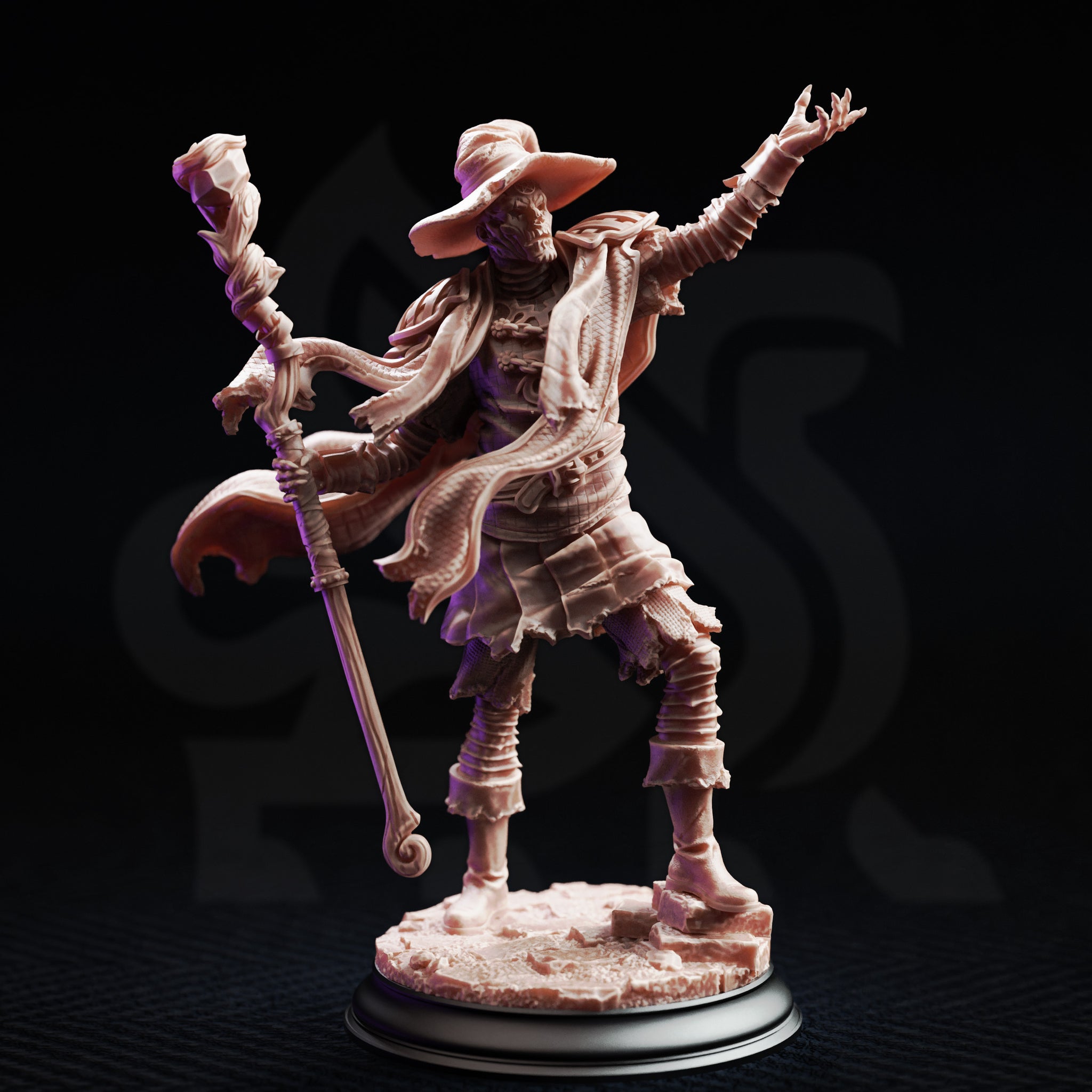 Front view of the Dragonblight Stricken Student miniature — unpainted resin figure of a gaunt corrupted wizard in a wide-brimmed hat, holding a gnarled staff with a flame-topped finial in one hand and raising a skeletal clawed hand, wearing tattered layered robes, on a rubble-strewn base