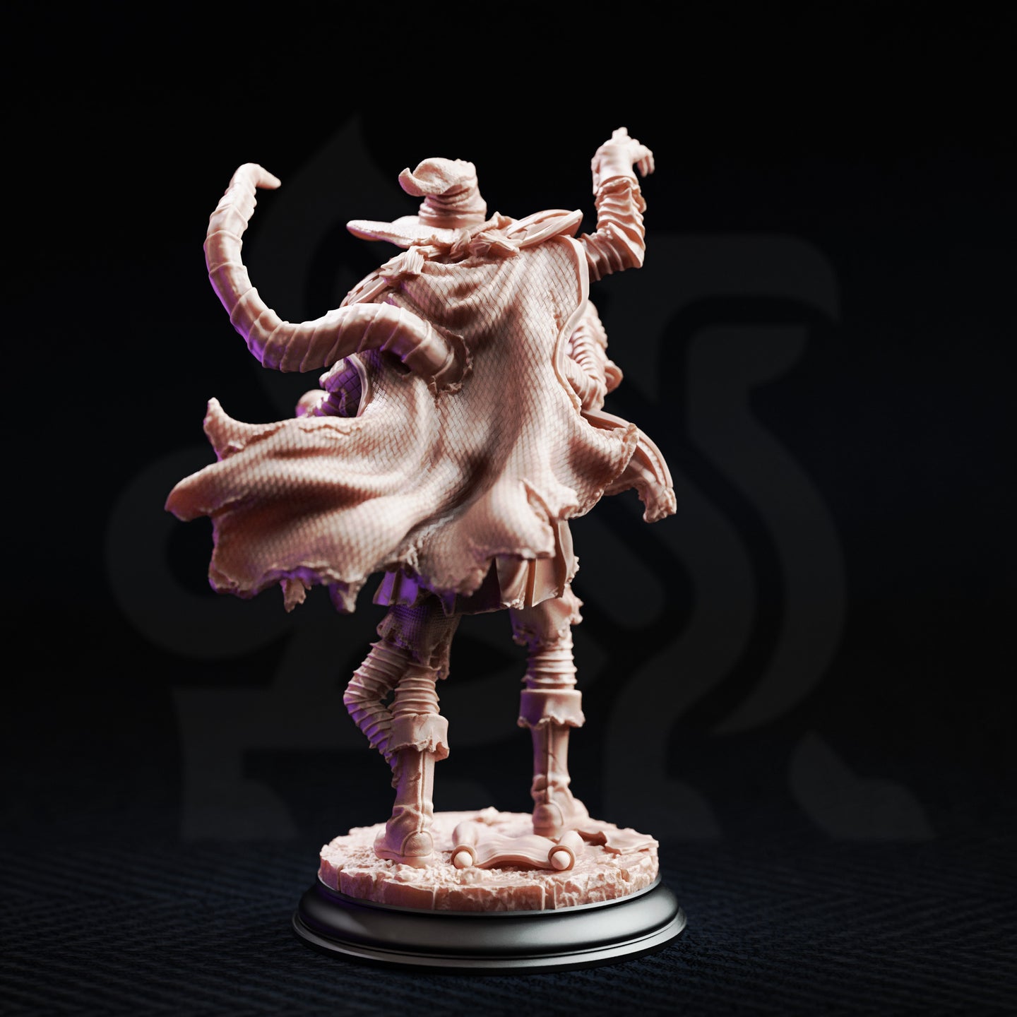 Rear view of the same unpainted resin dragonblight student miniature, showing a billowing textured cloak with fine fabric detailing, bandaged skeletal legs, and the two tentacles curling upward above the hat, all mounted on a round rubble scatter base