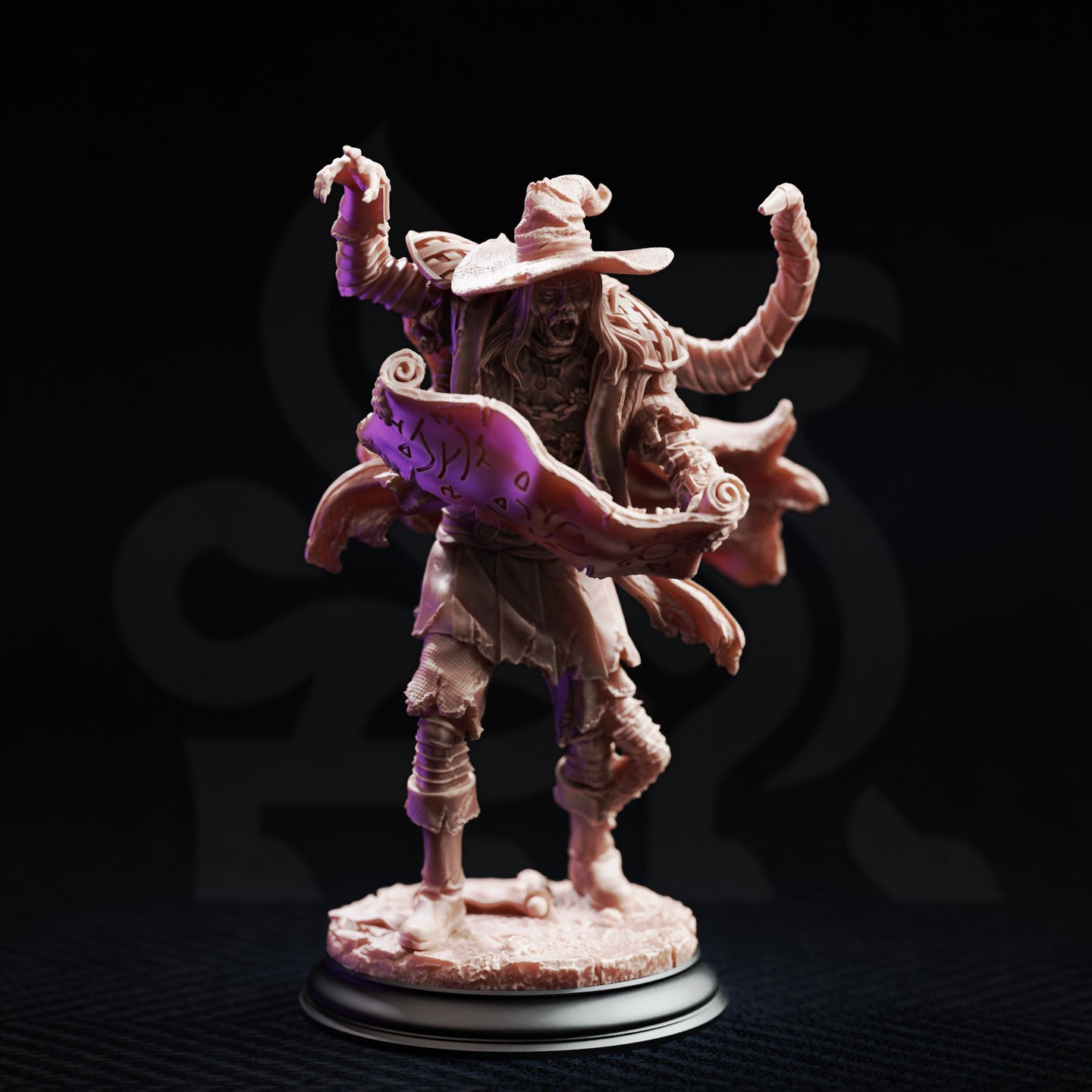 Front view of an unpainted resin miniature of a dragonblight-corrupted student at 32mm scale — a decaying robed figure wearing a wide-brimmed witch's hat, clutching a glowing purple spell scroll, with two thick writhing tentacles erupting from the shoulders, posed mid-stride on a rubble base