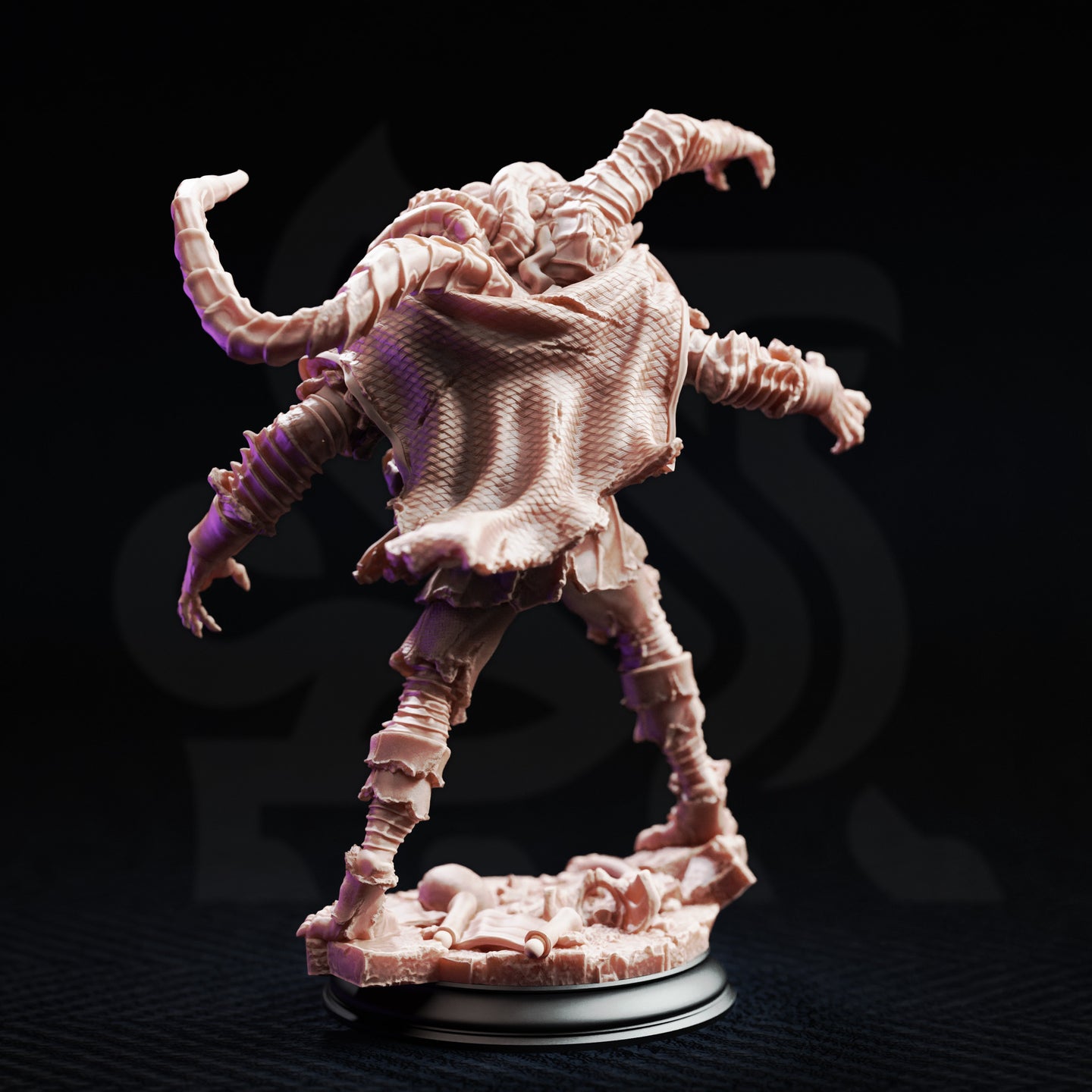 Rear view of the Dragonblight Stricken Student 03 unpainted resin miniature, showing the heavily textured scale-patterned robes across the back, two large segmented tentacle limbs arching outward, and the detailed scenic base scattered with bones and organic matter