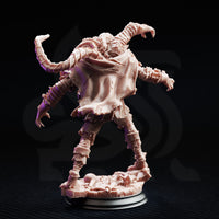 Rear view of the Dragonblight Stricken Student 03 unpainted resin miniature, showing the heavily textured scale-patterned robes across the back, two large segmented tentacle limbs arching outward, and the detailed scenic base scattered with bones and organic matter