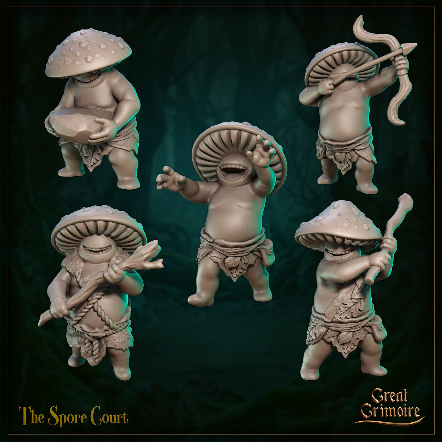 Digital render showing all five Spore Court minion sculpts from Great Grimoire — unpainted grey resin renders featuring a drummer, archer, spear-carrier, club-wielder, and Grim, each with a broad mushroom cap and leaf-wrapped waist, set against a dark forest background