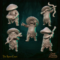 Digital render showing all five Spore Court minion sculpts from Great Grimoire — unpainted grey resin renders featuring a drummer, archer, spear-carrier, club-wielder, and Grim, each with a broad mushroom cap and leaf-wrapped waist, set against a dark forest background