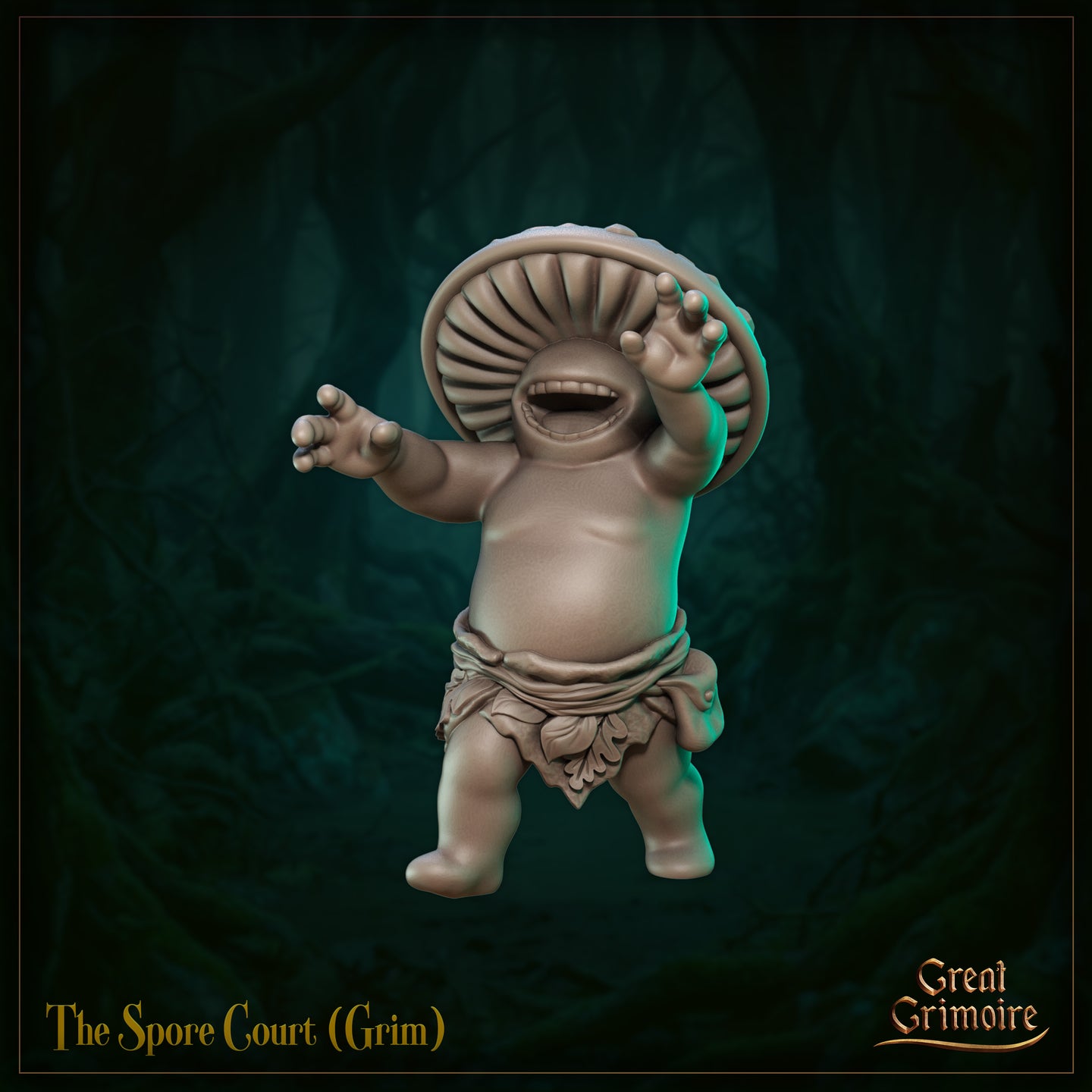 Digital render of the Spore Court Grim miniature by Great Grimoire — a rotund mushroom-folk creature with a broad ribbed cap, wide toothy grin, and both arms raised with splayed claws, wearing a carved leaf wrap around the waist. Unpainted grey resin render on a dark forest background.
