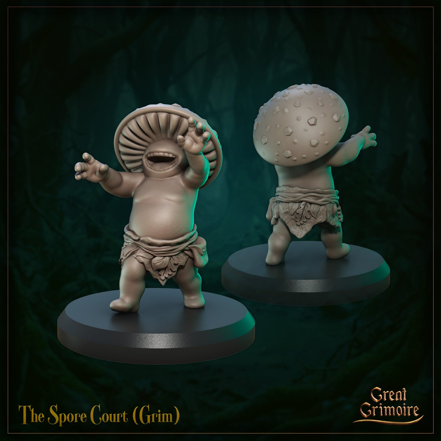 Front and rear digital renders of the Spore Court Grim miniature by Great Grimoire, shown mounted on a round black base. The front view shows the grinning face and ribbed mushroom cap underside; the rear shows the bumpy spore-covered cap top and leaf wrap detail. Unpainted grey resin on a dark forest background.