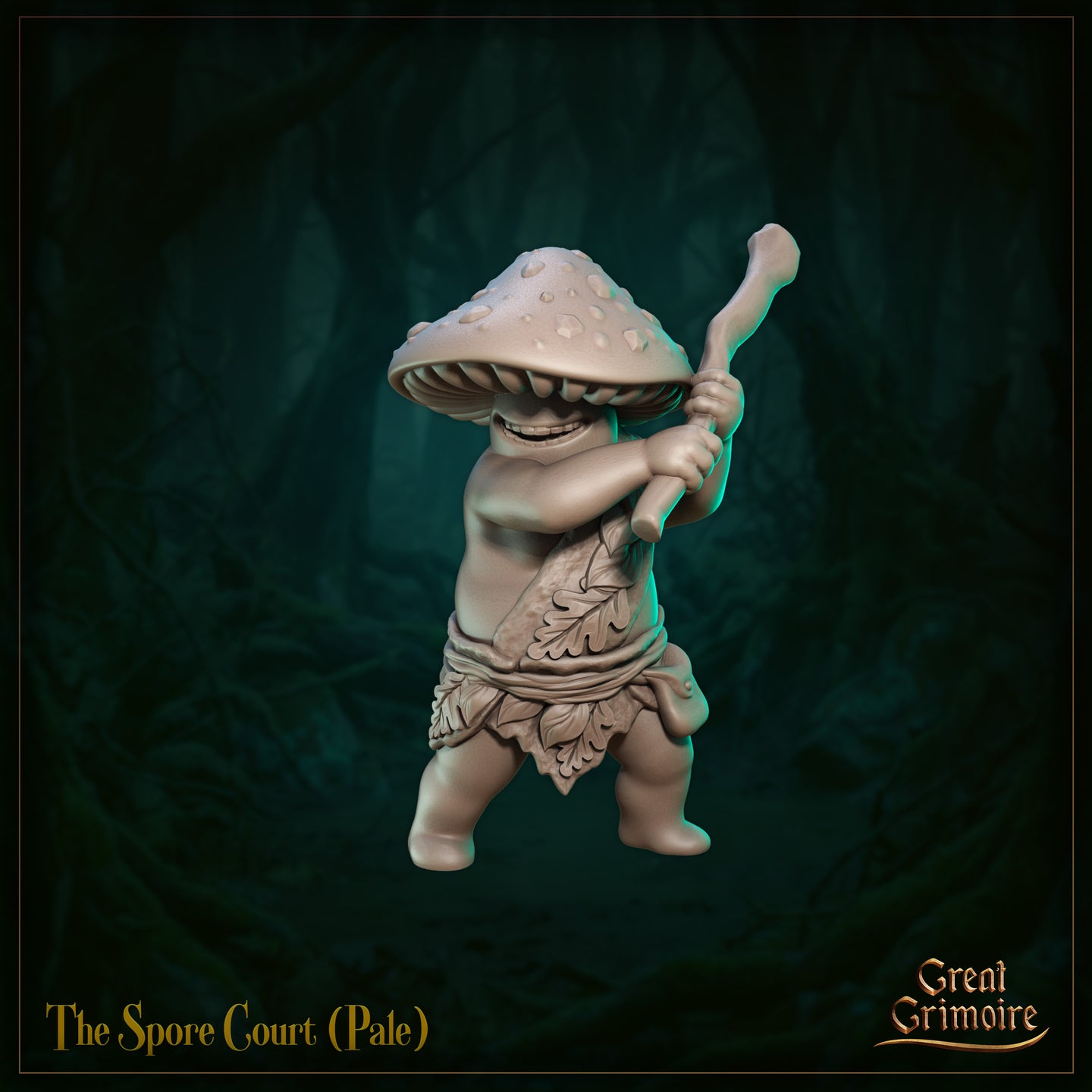 Front view of an unpainted resin render of the Great Grimoire Spore Court Minion 02 — a stocky mushroom-headed creature with a wide pale cap, toothy grin, and bone club held in a low ready position, wearing a leaf-wrap loincloth