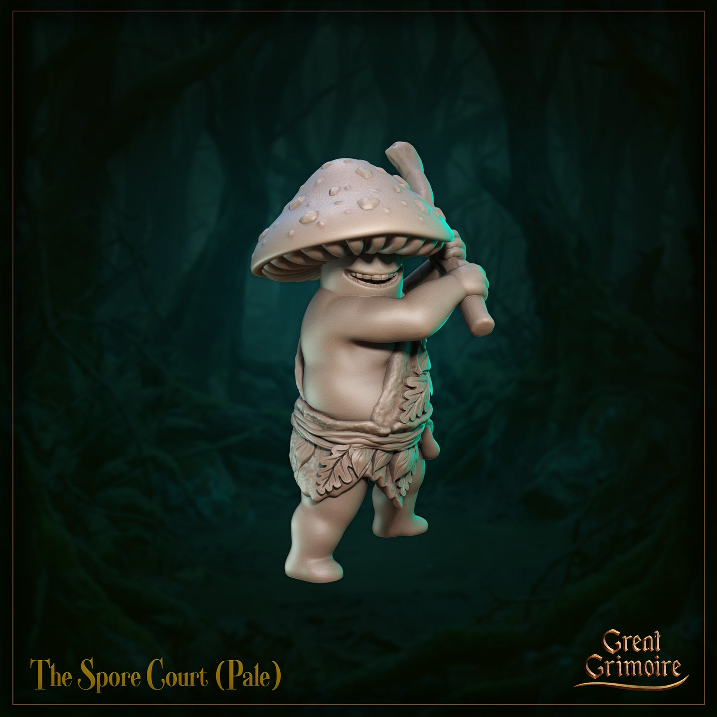 Three-quarter front view of the Great Grimoire Spore Court Minion 02 digital render, showing the mushroom cap, wide grinning mouth, and bone club raised to shoulder height in a mid-swing pose