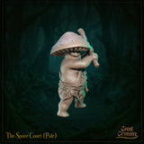 Three-quarter front view of the Great Grimoire Spore Court Minion 02 digital render, showing the mushroom cap, wide grinning mouth, and bone club raised to shoulder height in a mid-swing pose