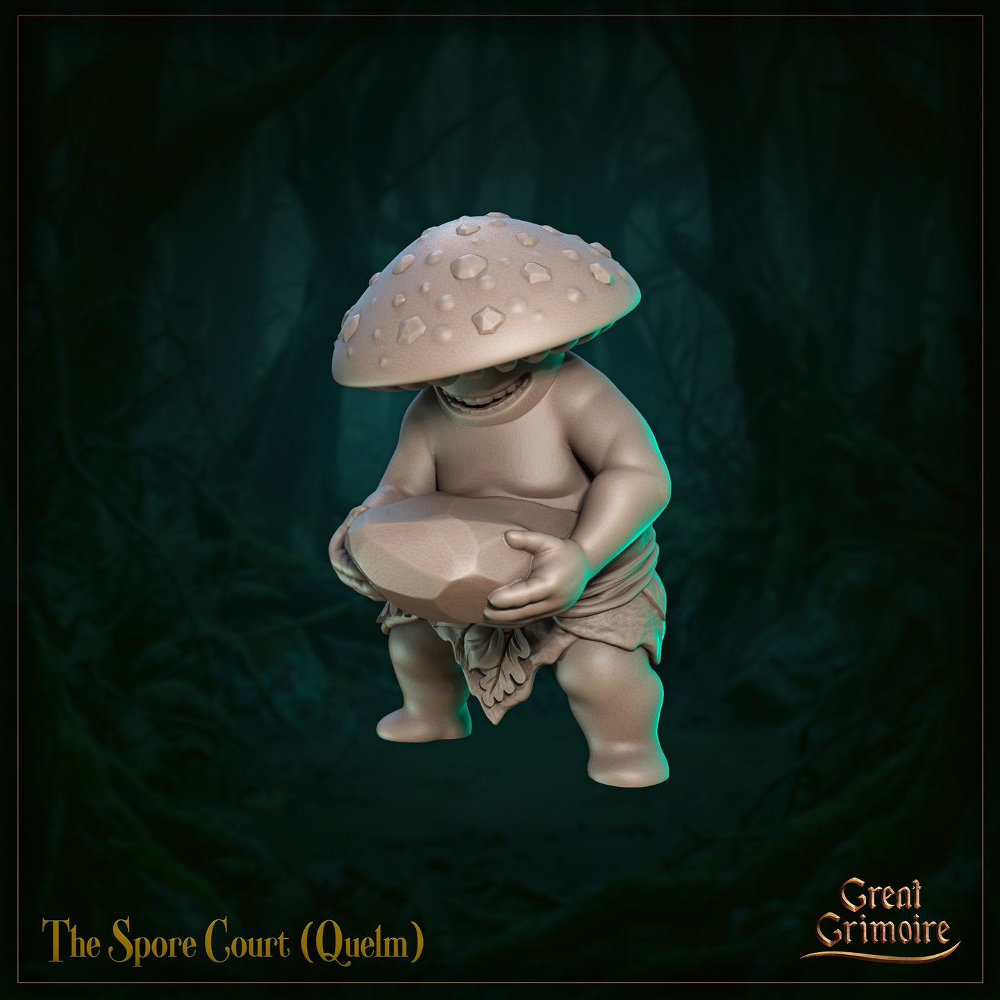 Front view of Quelm from The Spore Court — an unpainted grey resin 32mm miniature of a squat mushroom-folk creature with a broad warty cap, grinning face half-hidden beneath it, cradling a faceted gemstone in both hands and wearing a leaf-cloth loincloth