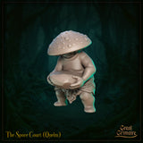 Front view of Quelm from The Spore Court — an unpainted grey resin 32mm miniature of a squat mushroom-folk creature with a broad warty cap, grinning face half-hidden beneath it, cradling a faceted gemstone in both hands and wearing a leaf-cloth loincloth