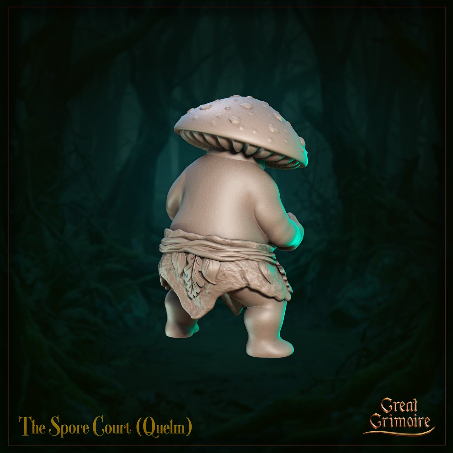 Rear view of Quelm from The Spore Court — unpainted grey resin miniature showing the ribbed gills beneath the oversized mushroom cap and the detailed layered leaf-cloth wrap at his waist, mid-waddle pose clearly visible