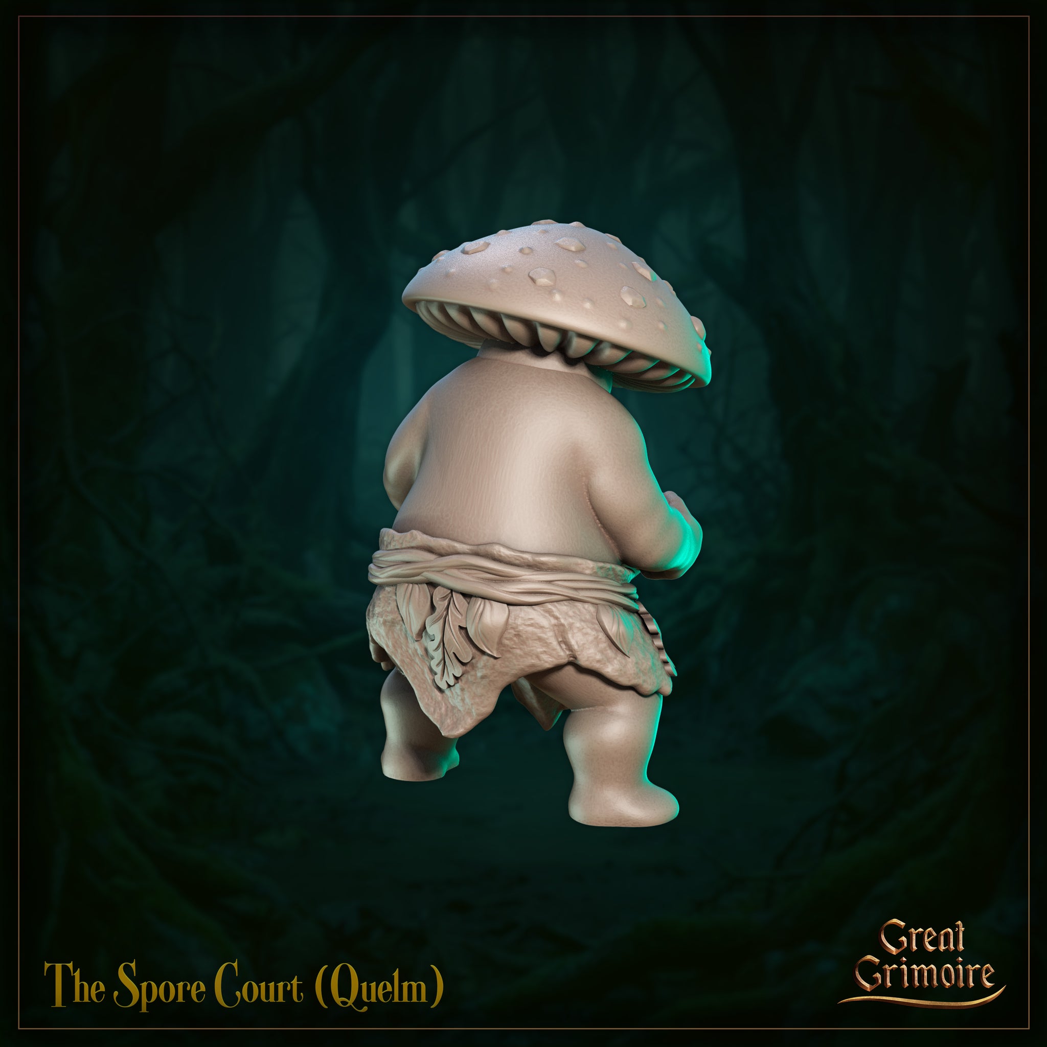 Rear view of Quelm from The Spore Court — unpainted grey resin miniature showing the ribbed gills beneath the oversized mushroom cap and the detailed layered leaf-cloth wrap at his waist, mid-waddle pose clearly visible