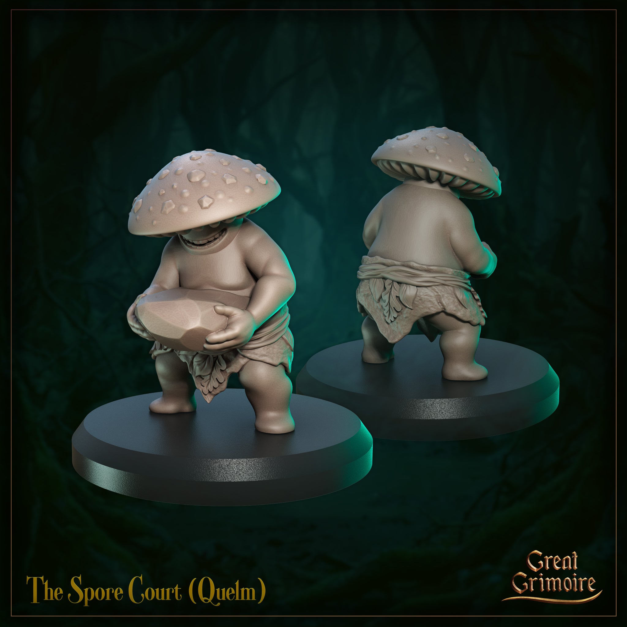 Front and rear render of Quelm from The Spore Court on round bases — unpainted grey resin 32mm miniature shown from both angles, highlighting the warty domed cap, grinning expression, gemstone prop, and leaf-cloth detail