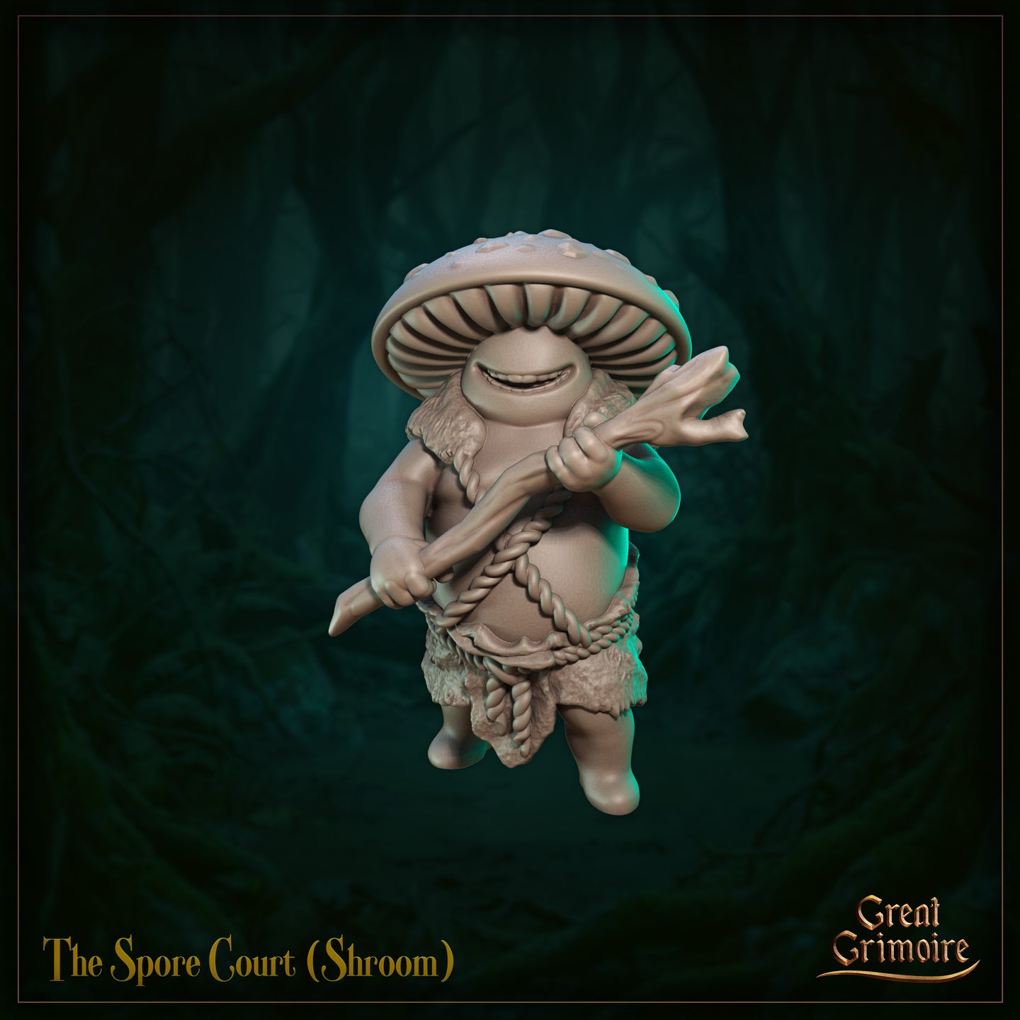 Front view of The Spore Court Shroom Minion 04 — an unpainted grey resin digital render of a squat mushroom creature with a wide grinning face, broad spotted cap, and a gnarled forked branch bound with rope, wearing a shaggy hide skirt tied with braided cord
