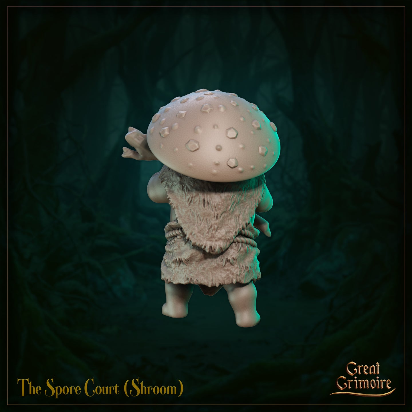 Rear view of The Spore Court Shroom Minion 04 digital render, showing the heavily textured spotted mushroom cap, shaggy hide clothing with rope belt, and one arm raised holding a forked branch
