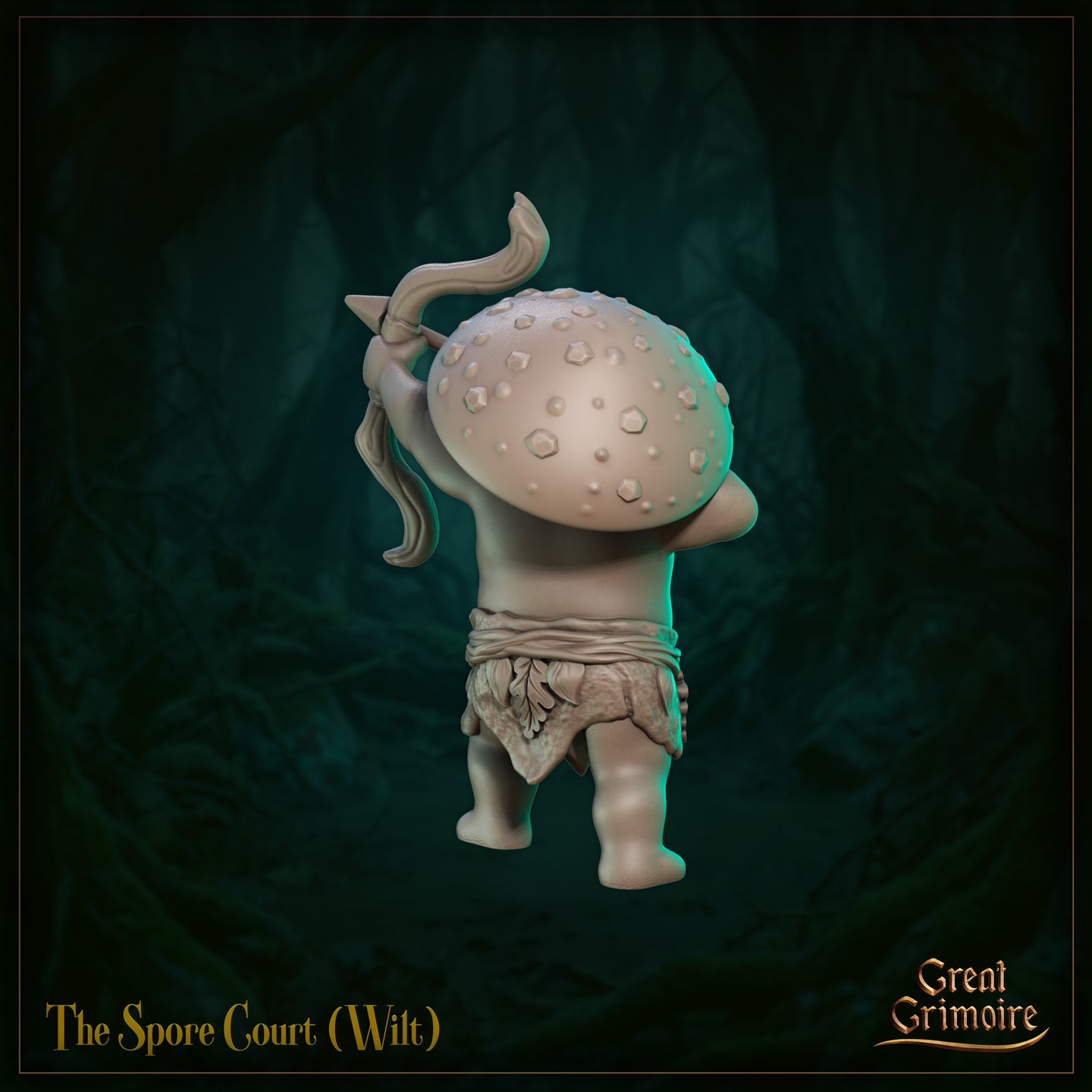 Rear view of The Spore Court Wilt unpainted resin miniature showing the textured, warty dome of the mushroom cap and the drawn bow arm raised overhead, leaf skirt detail visible at the waist, 32mm scale digital render by Great Grimoire