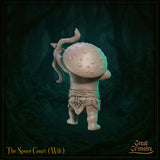 Rear view of The Spore Court Wilt unpainted resin miniature showing the textured, warty dome of the mushroom cap and the drawn bow arm raised overhead, leaf skirt detail visible at the waist, 32mm scale digital render by Great Grimoire