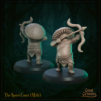 Front and rear views of The Spore Court Wilt miniature side by side on round bases, showing the gilled underside of the cap from the front and the pored dome from the rear, both unpainted grey resin, 32mm scale digital renders by Great Grimoire