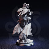 Rear view digital render of The Travelling Jack miniature revealing the full spread of the leathery bat wings, the quilted diamond-pattern cape from behind, and the scaled leg armour, with the gargoyle crouching at the base of the scenic stone plinth