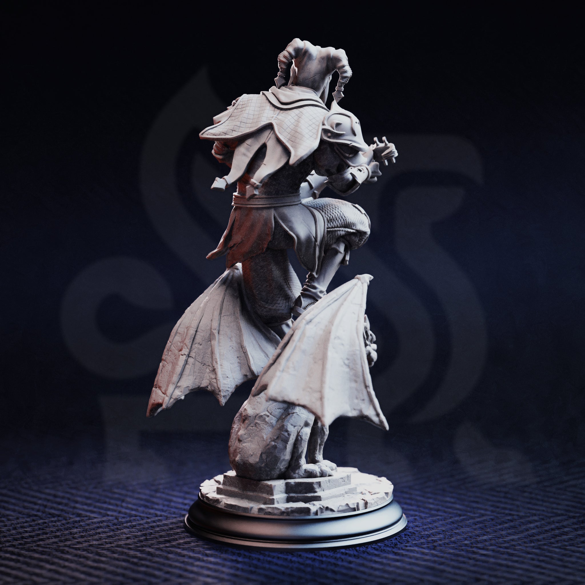 Rear view digital render of The Travelling Jack miniature revealing the full spread of the leathery bat wings, the quilted diamond-pattern cape from behind, and the scaled leg armour, with the gargoyle crouching at the base of the scenic stone plinth