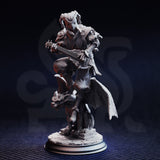 Three-quarter front view digital render of The Travelling Jack miniature showing detail of the star-void eye sockets on the jester skull mask, skeletal hands on the lute strings, crosshatch-quilted cape, and gargoyle base sculpt