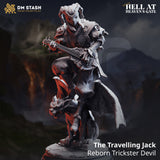 Front-facing digital render of The Travelling Jack reborn trickster devil miniature — a skull-masked jester devil in scaled armour and quilted tabard, strumming a six-stringed lute with one foot raised on a crouching gargoyle, leathery wings spread behind him, on a cracked stone scenic base
