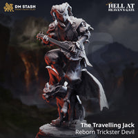 Front-facing digital render of The Travelling Jack reborn trickster devil miniature — a skull-masked jester devil in scaled armour and quilted tabard, strumming a six-stringed lute with one foot raised on a crouching gargoyle, leathery wings spread behind him, on a cracked stone scenic base