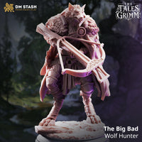 Rear view of an armoured werewolf showing a dense fur mantle covering the broad shoulders and upper back, a billowing cloak falling to the legs, and a crossbow stock visible over one shoulder. Sculpt by DM Stash.