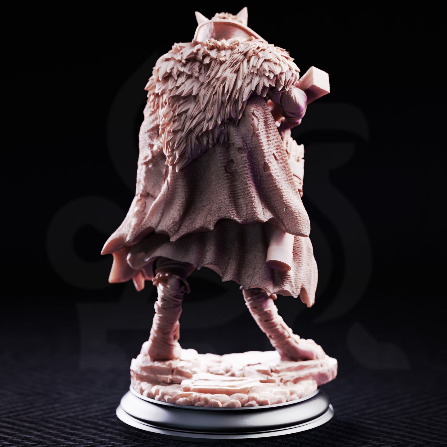 Armoured werewolf hunter gripping a heavy ornate crossbow across his chest, wearing a fur mantle, rune-etched pauldron, and a swept cloak, standing on a cobblestone and root base. Sculpt by DM Stash.