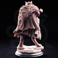 Armoured werewolf hunter gripping a heavy ornate crossbow across his chest, wearing a fur mantle, rune-etched pauldron, and a swept cloak, standing on a cobblestone and root base. Sculpt by DM Stash.