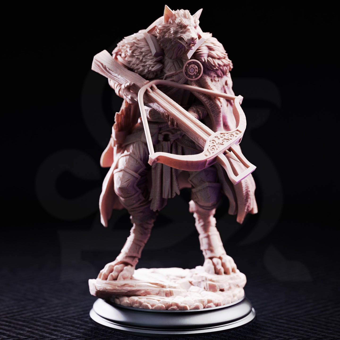 Ferocious werewolf in layered armour levelling a decorated crossbow forward, hunched with coiled menace, digitigrade clawed legs braced wide, detailed fur texture across shoulders and back. Sculpt by DM Stash.