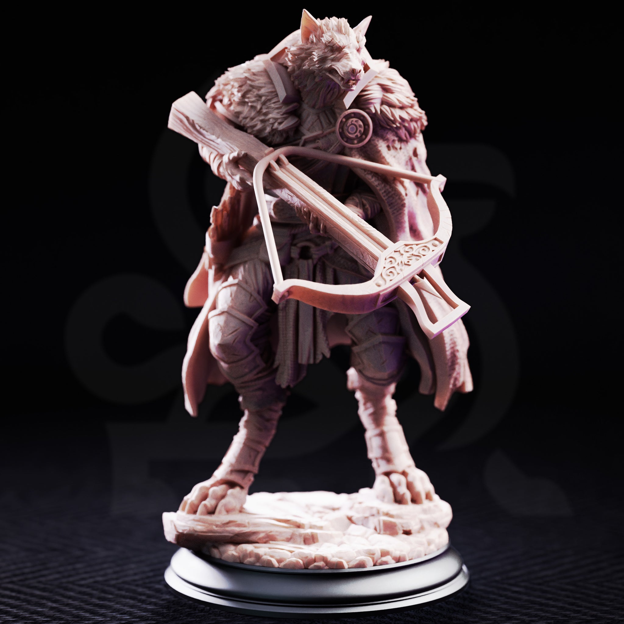 Ferocious werewolf in layered armour levelling a decorated crossbow forward, hunched with coiled menace, digitigrade clawed legs braced wide, detailed fur texture across shoulders and back. Sculpt by DM Stash.