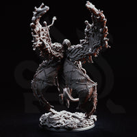 Blighted Angel miniature by DM Stash — a skeletal corrupted figure hovering above a bone-strewn base, with two vast arcing wings formed entirely from fused skeletal remains, smaller skeletons visibly clawing outward from the wing surfaces.