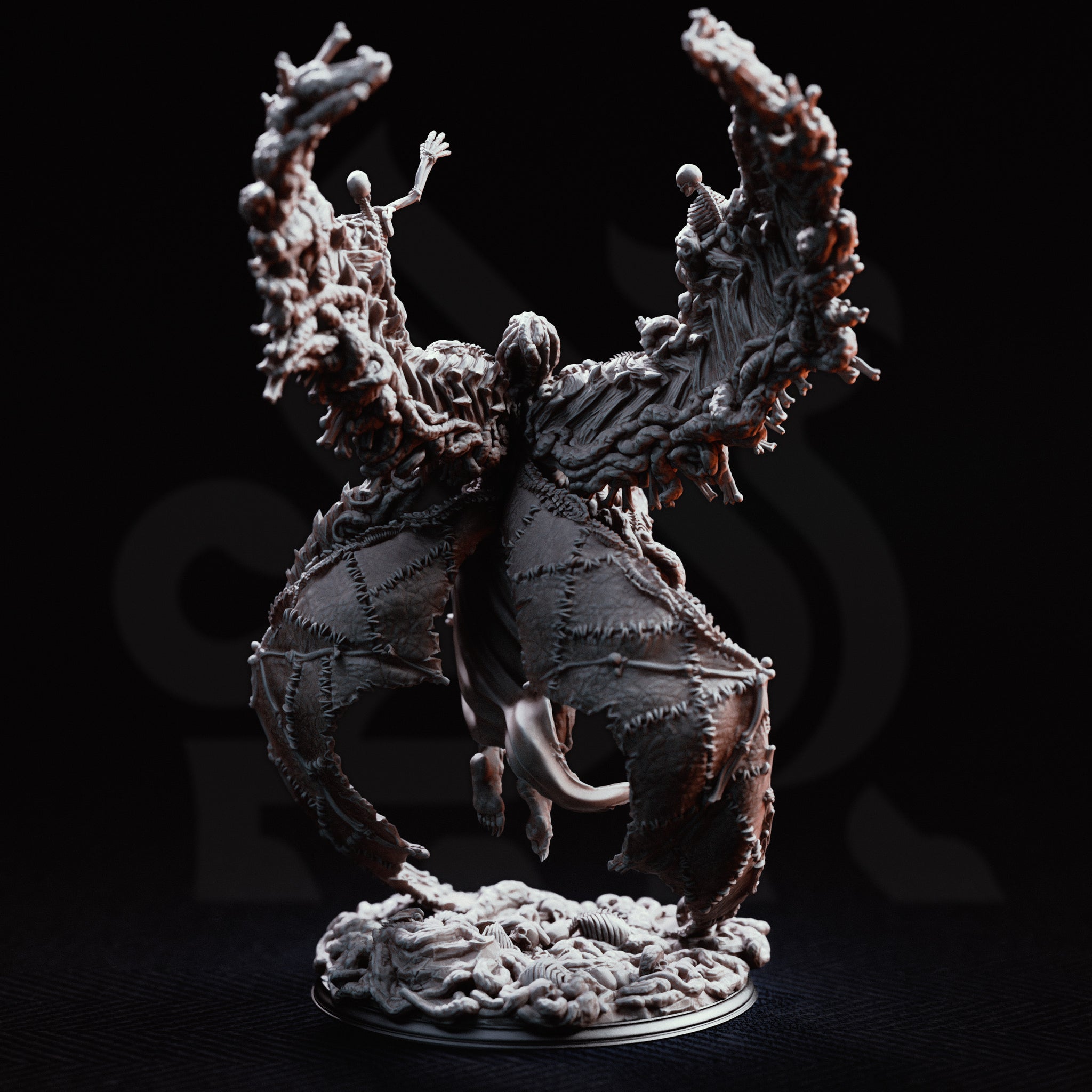 Blighted Angel miniature by DM Stash — a skeletal corrupted figure hovering above a bone-strewn base, with two vast arcing wings formed entirely from fused skeletal remains, smaller skeletons visibly clawing outward from the wing surfaces.