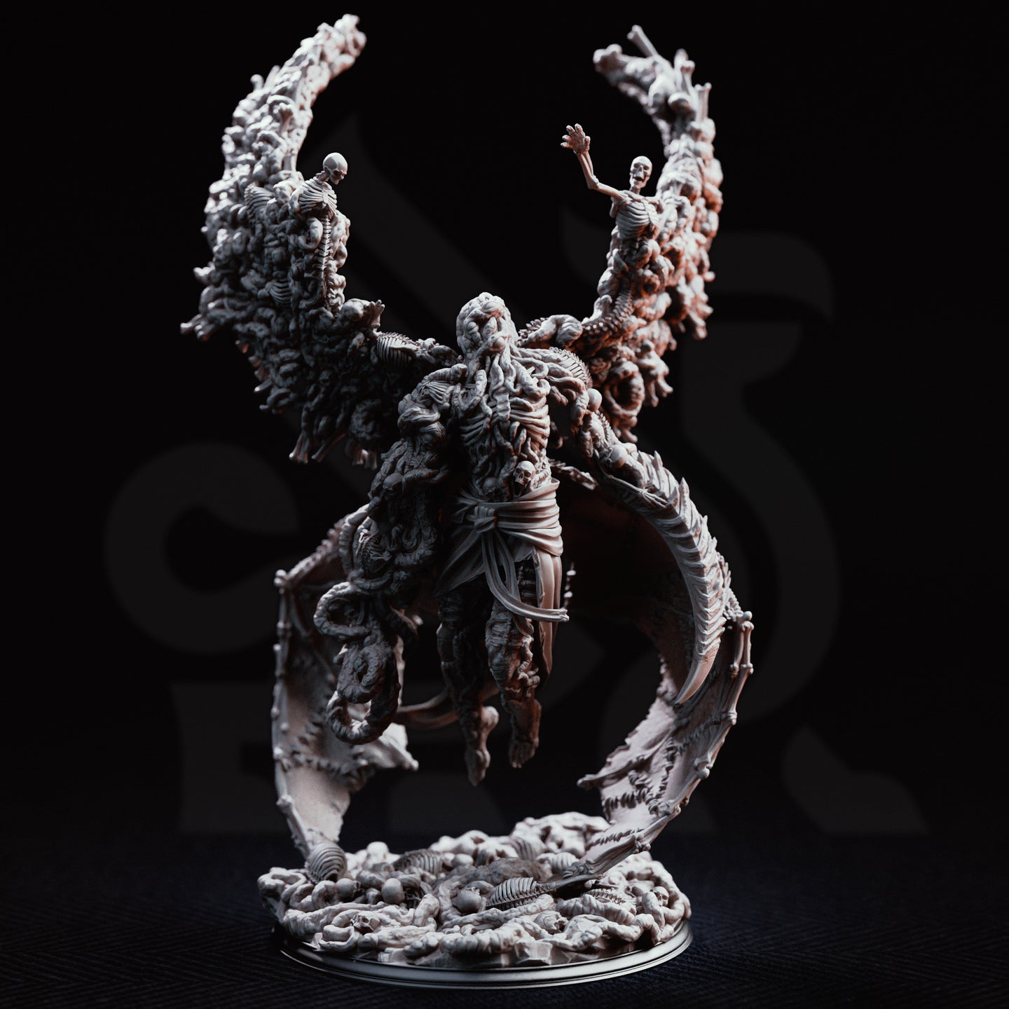 Blighted Angel by DM Stash viewed from a low angle — the full wing spread of fused skeletons dominates the composition, with the corrupted torso wrapped in tattered cloth bands and the bone-covered base clearly visible beneath the floating figure.