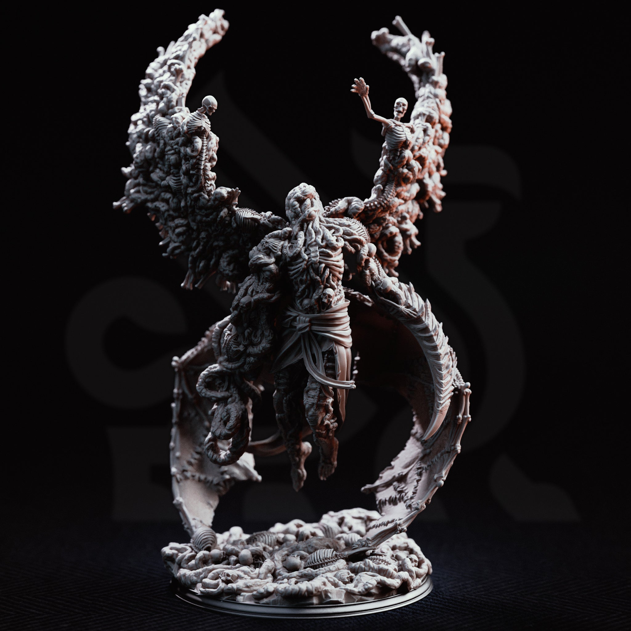 Blighted Angel by DM Stash viewed from a low angle — the full wing spread of fused skeletons dominates the composition, with the corrupted torso wrapped in tattered cloth bands and the bone-covered base clearly visible beneath the floating figure.