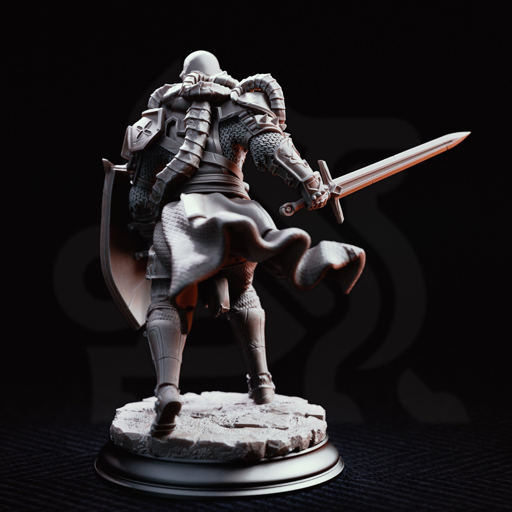 Armoured warrior mid-stride with longsword levelled forward and kite shield raised, wearing full plate over chainmail, horned pauldron, and billowing cape. Sculpt by DM Stash.