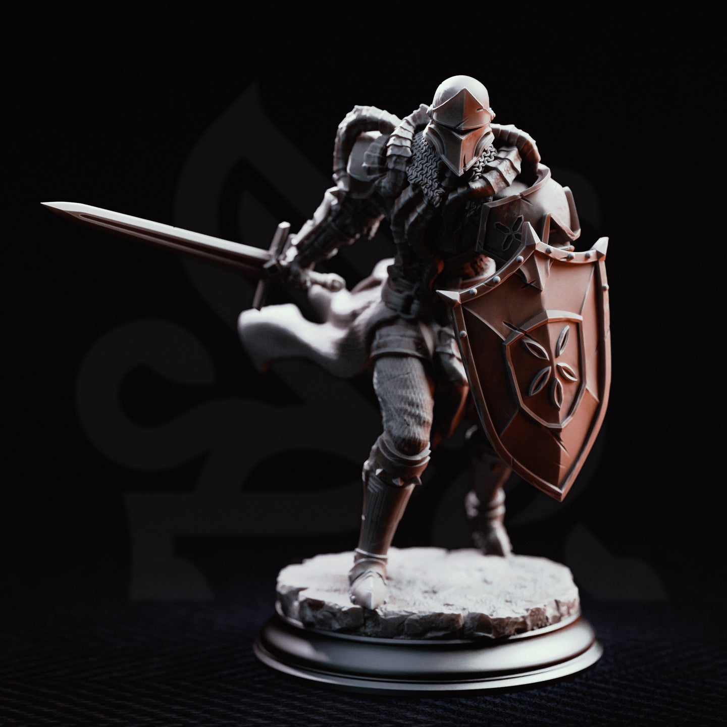 Armoured warrior stepping forward with longsword extended behind and kite shield at side, showing layered back plate, horned pauldron, and flowing cape. Sculpt by DM Stash.