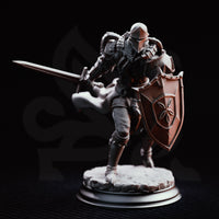 Armoured warrior stepping forward with longsword extended behind and kite shield at side, showing layered back plate, horned pauldron, and flowing cape. Sculpt by DM Stash.