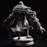 Armoured warrior with two massive segmented chitinous limbs replacing its arms, wearing a beaked visor helm, plate armour, and a fur-edged coat. Sculpt by DM Stash.