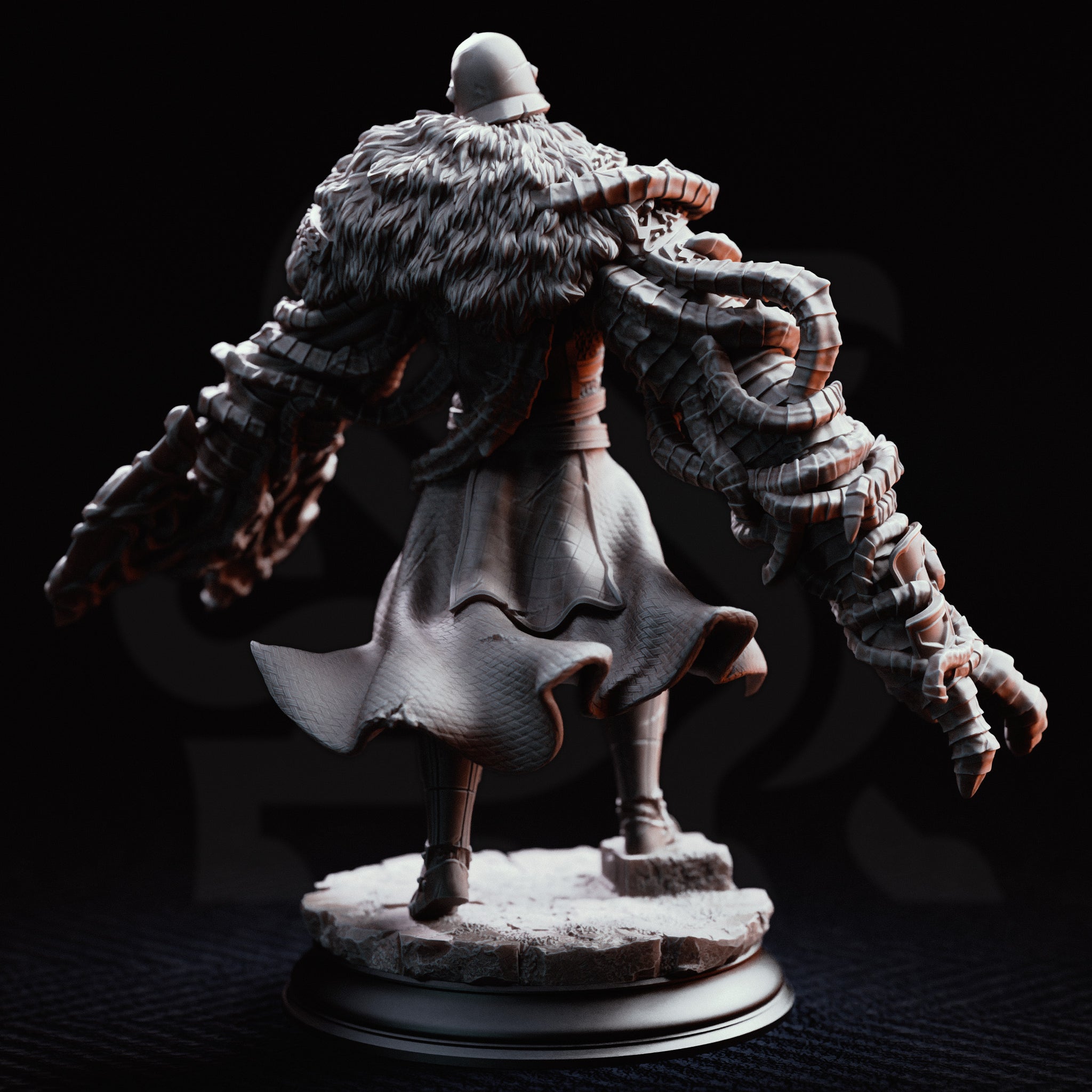 Armoured warrior with two massive segmented chitinous limbs replacing its arms, wearing a beaked visor helm, plate armour, and a fur-edged coat. Sculpt by DM Stash.