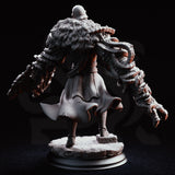 Armoured warrior with two massive segmented chitinous limbs replacing its arms, wearing a beaked visor helm, plate armour, and a fur-edged coat. Sculpt by DM Stash.