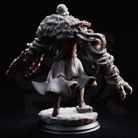 Armoured warrior with two massive segmented chitinous limbs replacing its arms, wearing a beaked visor helm, plate armour, and a fur-edged coat. Sculpt by DM Stash.