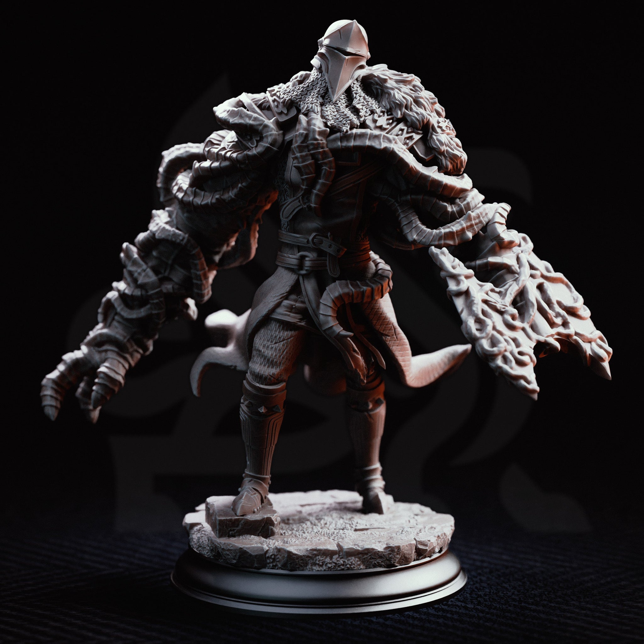 Warrior figure in plate armour and a billowing split coat, viewed from behind, with two enormous curved chitinous limbs extending outward. Sculpt by DM Stash.