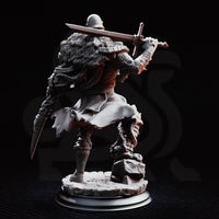 Battle-worn warrior consumed by organic tendrils, wearing cracked scale armour and a plumed helm, dual blades raised mid-stride, wild fur erupting from his back. A parasite creature clings to his torso. Scenic cracked stone base. Sculpt by DM Stash.