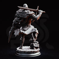 Battle-worn warrior consumed by organic tendrils, wearing cracked scale armour and a plumed helm, dual blades raised mid-stride, wild fur erupting from his back. A parasite creature clings to his torso. Scenic cracked stone base. Sculpt by DM Stash.