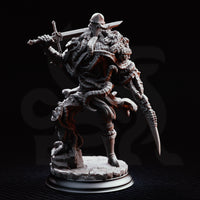 Broad-shouldered blight warrior from behind, long wild fur mane cascading down his back, scale armour splitting apart under tendril growth, one sword raised overhead. Worn tabard and greaves visible. Cracked rocky base. Sculpt by DM Stash.