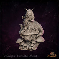 Caterpillar Broodmother by Great Grimoire viewed straight-on: fanged open mouth with hollow eyes, two short antennae, thick ringed body coiling down onto a broad mushroom cap surrounded by clustered fungi of varying sizes.