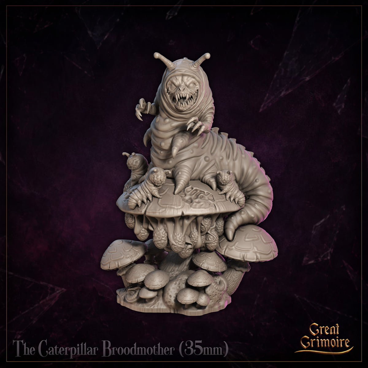 Caterpillar Broodmother by Great Grimoire viewed straight-on: fanged open mouth with hollow eyes, two short antennae, thick ringed body coiling down onto a broad mushroom cap surrounded by clustered fungi of varying sizes.