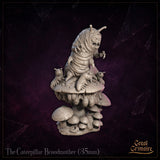 Caterpillar Broodmother by Great Grimoire from a right-side angle: full body visible with segmented torso detail, one claw extended outward, larvae clinging to the mushroom cap, and a tiered fungal base with brain-textured hanging sacs.